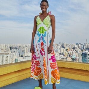 NEW FARM Rio Tropical Graphic Maxi Dress Colorful Linen Blend Crochet Size XL